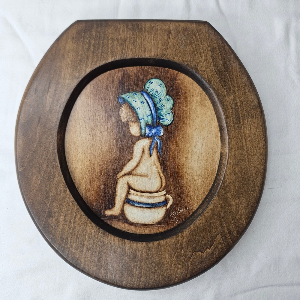 Vtg‎ Peloris Hand Painted Wood Wall Art Child on Potty Bathroom Decor 9 In